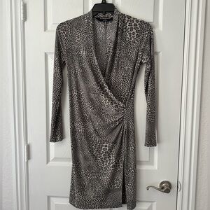 Norma Kamali gray leopard print stretch knit faux wrap dress Small